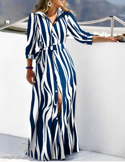 Women’s Shirt Dress – Relaxed Fit – Abstract Print – Long Sleeve – Belted Waist