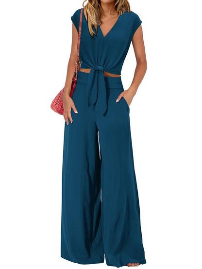 Women’s Two-Piece Set – V-Neck Tie Front Crop Top – High-Waist Wide-Leg Trousers