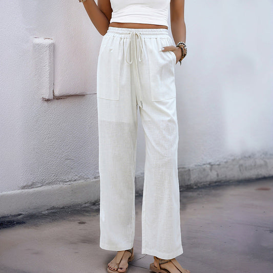 Women’s Straight-Leg Pants – Relaxed Fit – Linen Blend – Drawstring Waist – Full Length