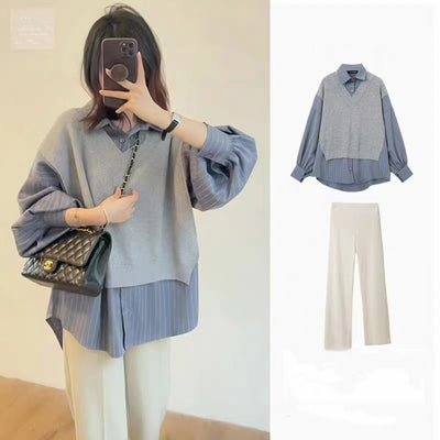 Women's Layered Oversized Sweater - V-Neck - Long Sleeve - Relaxed Fit Shirt Set