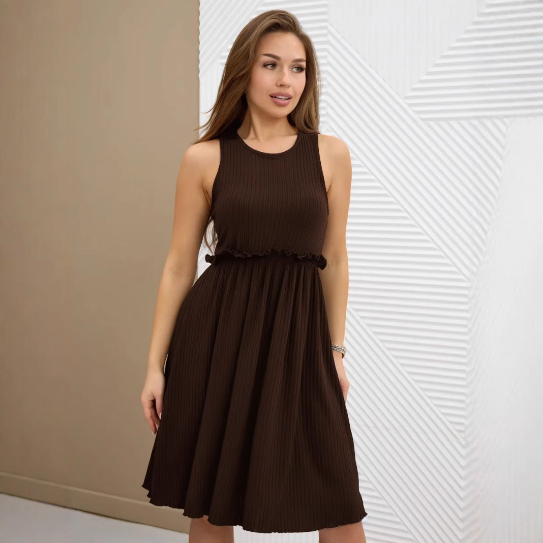 Women’s Midi Dress – Sleeveless A-Line Fit – Ribbed Cotton Blend – High Neck Casual Wear