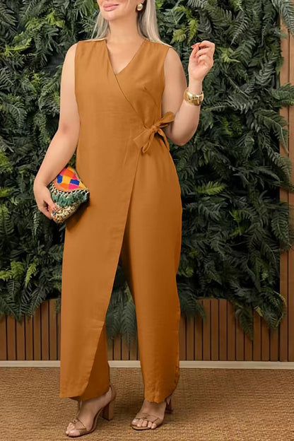 Women’s Jumpsuit – Wrap V-Neck – Tie Waist – Sleeveless – Wide Leg Cotton Blend