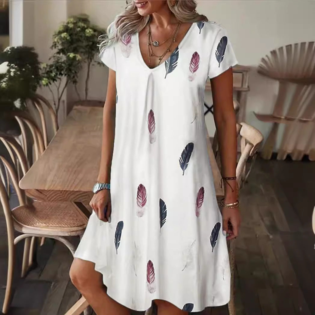 Women’s Dress – Floral Print – Loose Fit – V-Neck – Short Sleeve – Cotton Feel