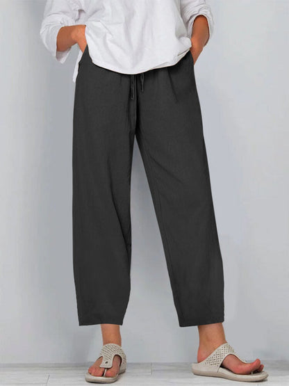 Women’s Wide-Leg Trousers – Relaxed Fit – Cotton Linen – Drawstring Waist – Full Length