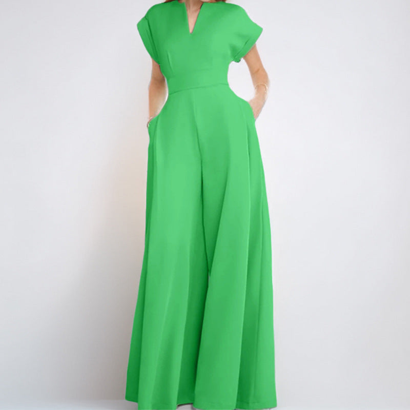 Women’s Jumpsuit – Lightweight Fabric – V-Neck – Short Sleeve – Wide Leg – Full Length