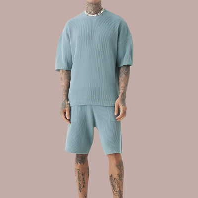 Men’s Casual Set – Soft Ribbed Knit – Relaxed Fit – Short Sleeve Top and Shorts
