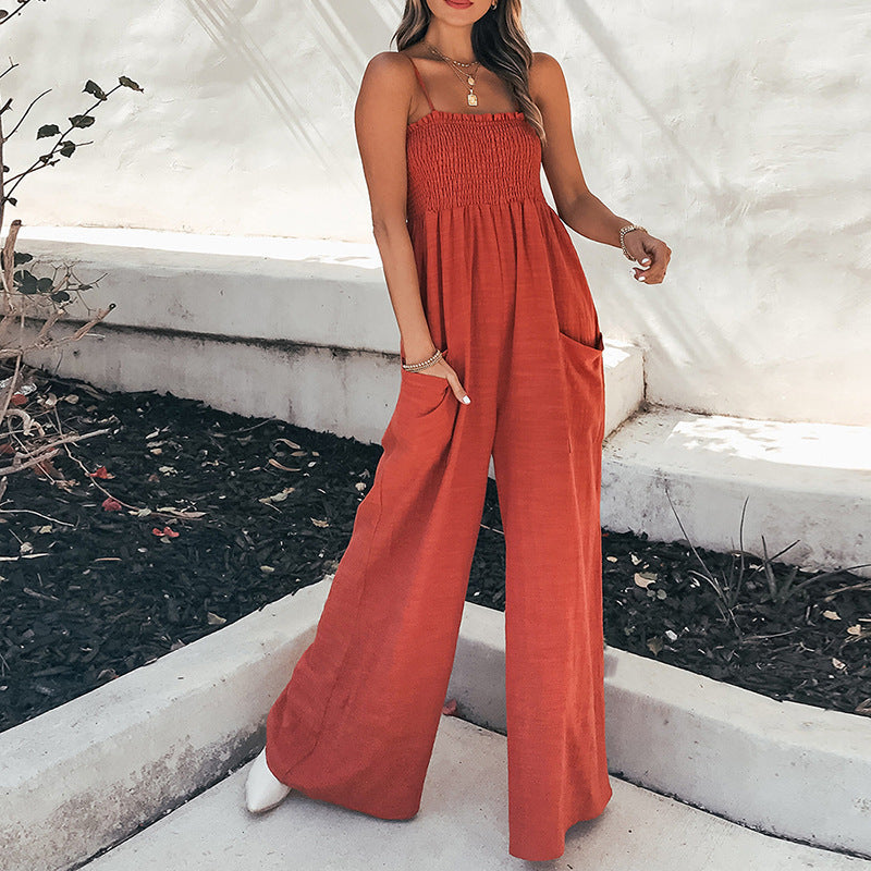 Women’s Jumpsuit – Relaxed Fit – Wide Leg – Ruched Bodice – Spaghetti Straps – Breathable Fabric