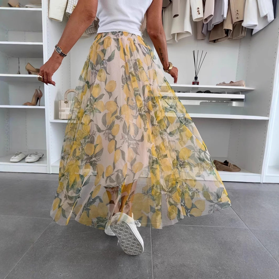 Women’s Long Skirt – Lightweight Mesh – A-Line Fit – Elastic Waist – Lemon Print
