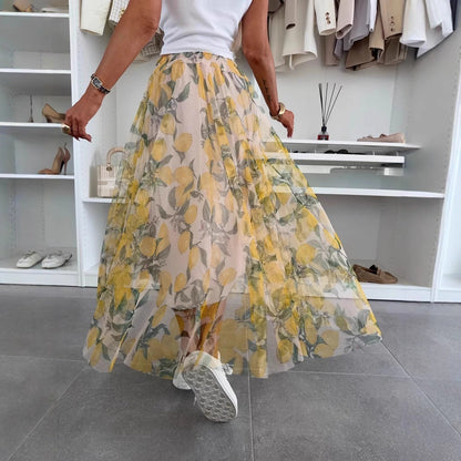 Women’s Long Skirt – Lightweight Mesh – A-Line Fit – Elastic Waist – Lemon Print