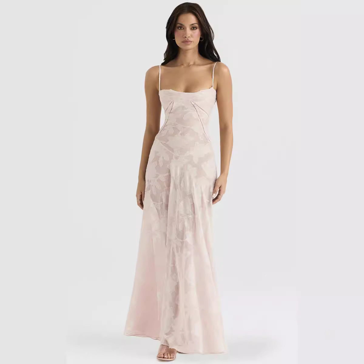 Women’s Evening Gown – Chiffon Slim Fit – Spaghetti Straps – Embroidered Draped Panel