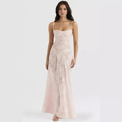 Women’s Evening Gown – Chiffon Slim Fit – Spaghetti Straps – Embroidered Draped Panel