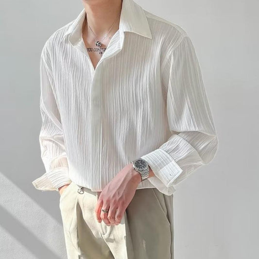 Men's Long Sleeve Shirt – Relaxed Fit – Textured Crinkle Fabric – Button Down Collar