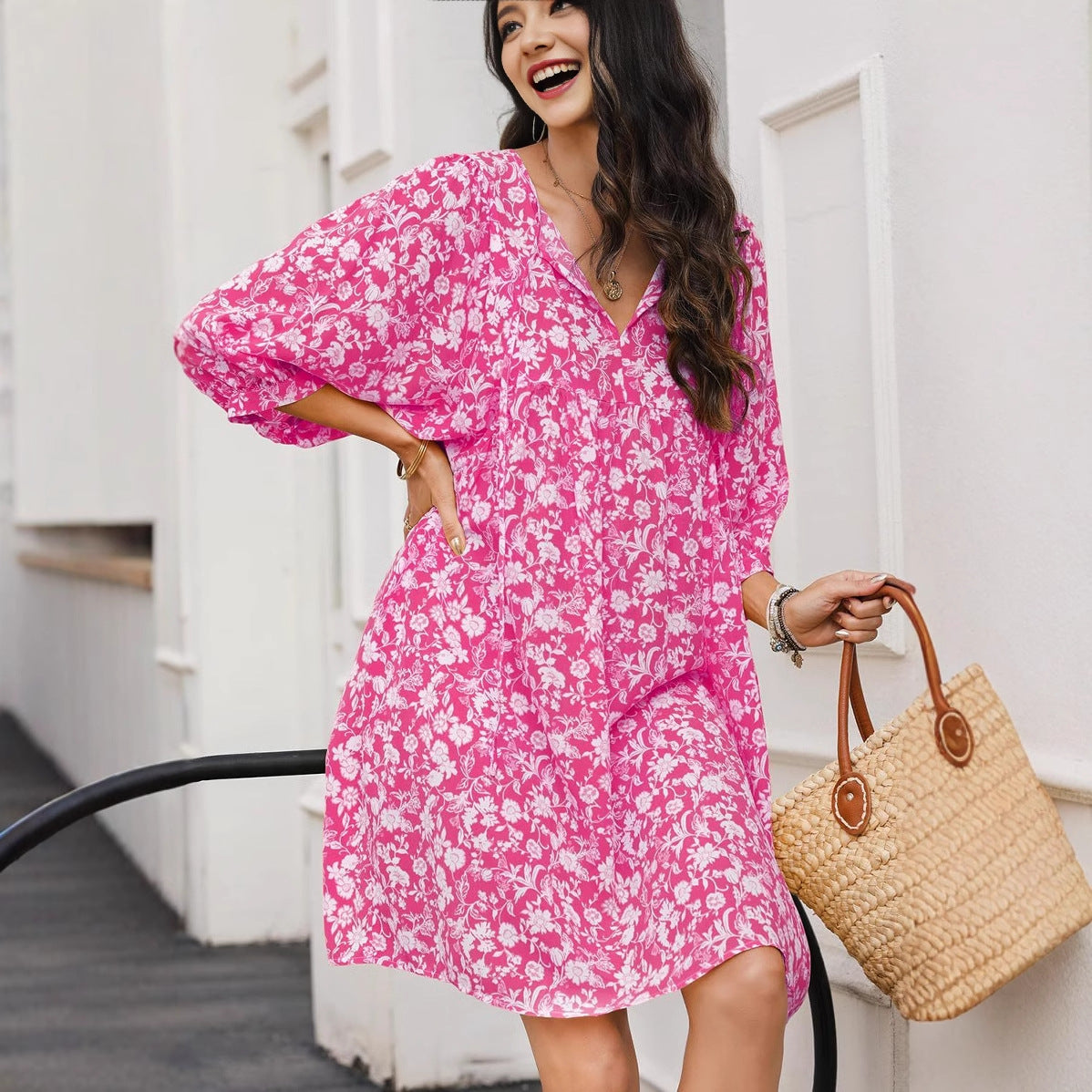 Women’s Midi Dress – V-Neck – Lantern Sleeve – Relaxed Fit – Bohemian Floral Print