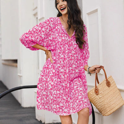 Women’s Midi Dress – V-Neck – Lantern Sleeve – Relaxed Fit – Bohemian Floral Print
