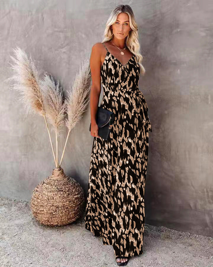 Women’s Long Dress – Slim Fit Bodice – A-Line – V-Neck – Spaghetti Straps – Printed