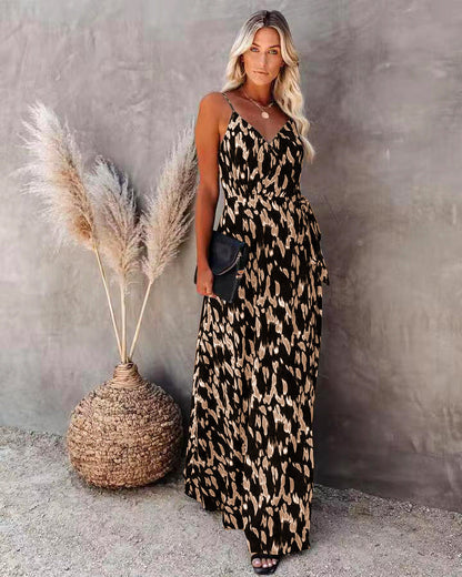 Women’s Long Dress – Slim Fit Bodice – A-Line – V-Neck – Spaghetti Straps – Printed