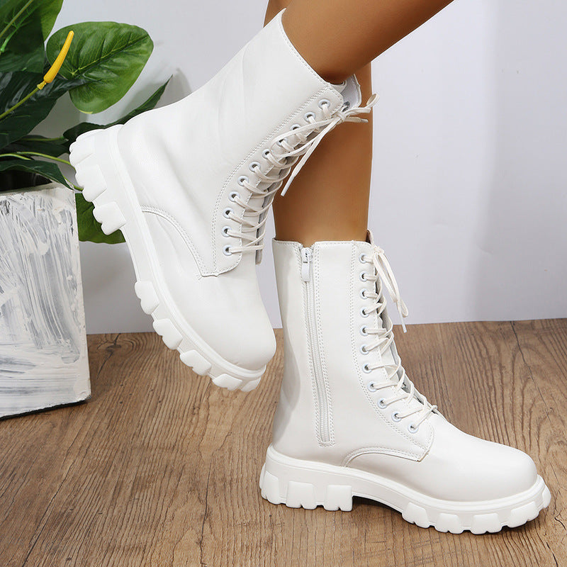 Women’s Mid-Calf Boots – Faux Leather – Chunky Sole – Lace-Up with Side Zip