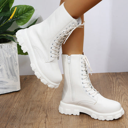 Women’s Mid-Calf Boots – Faux Leather – Chunky Sole – Lace-Up with Side Zip