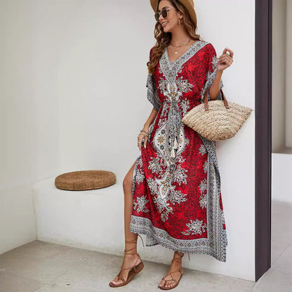 Women’s Maxi Dress – Relaxed Fit – V-Neck – Short Wide Sleeves – Ornate Pattern
