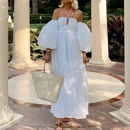 Women’s Maxi Dress – Off Shoulder – Puff Sleeve – Cut-Out Chest – Flowy Cotton Blend