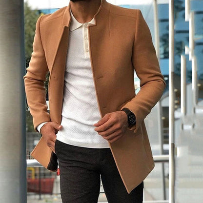 Men’s Overcoat – Slim Fit Wool Blend – Standing Collar – Concealed Placket – Mid Length