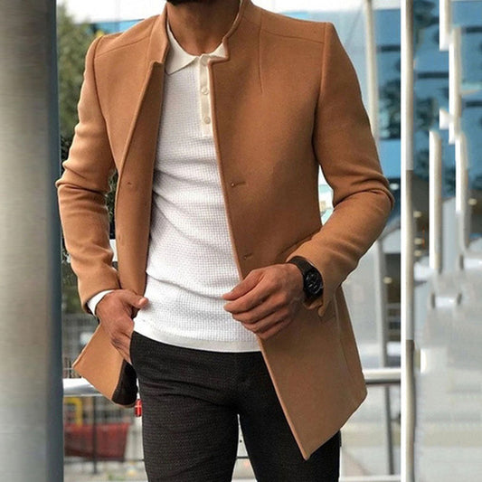 Men’s Overcoat – Slim Fit Wool Blend – Standing Collar – Concealed Placket – Mid Length