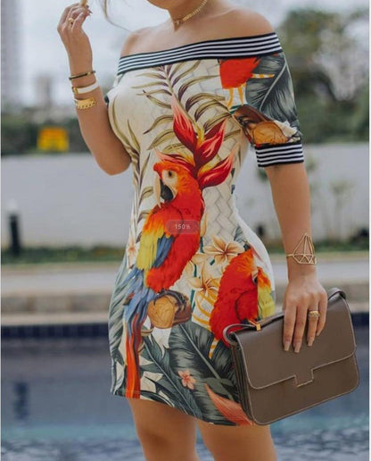 Women’s Off-Shoulder Dress – Slim Fit – Mini Length – Breathable Blend – Graphic Print