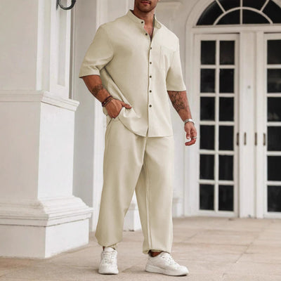 Men’s Casual Set – Cotton Linen Blend – Relaxed Fit – Short Sleeve Shirt & Trousers