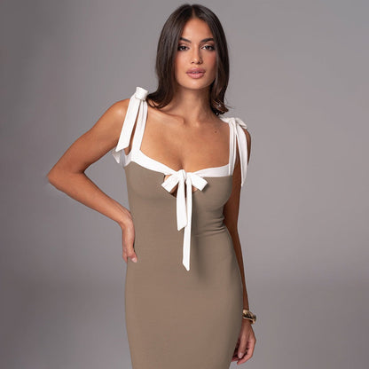 Women’s Evening Dress – Slim Fit – Square Neck – Bow Strap – Full Length Elegant Wear