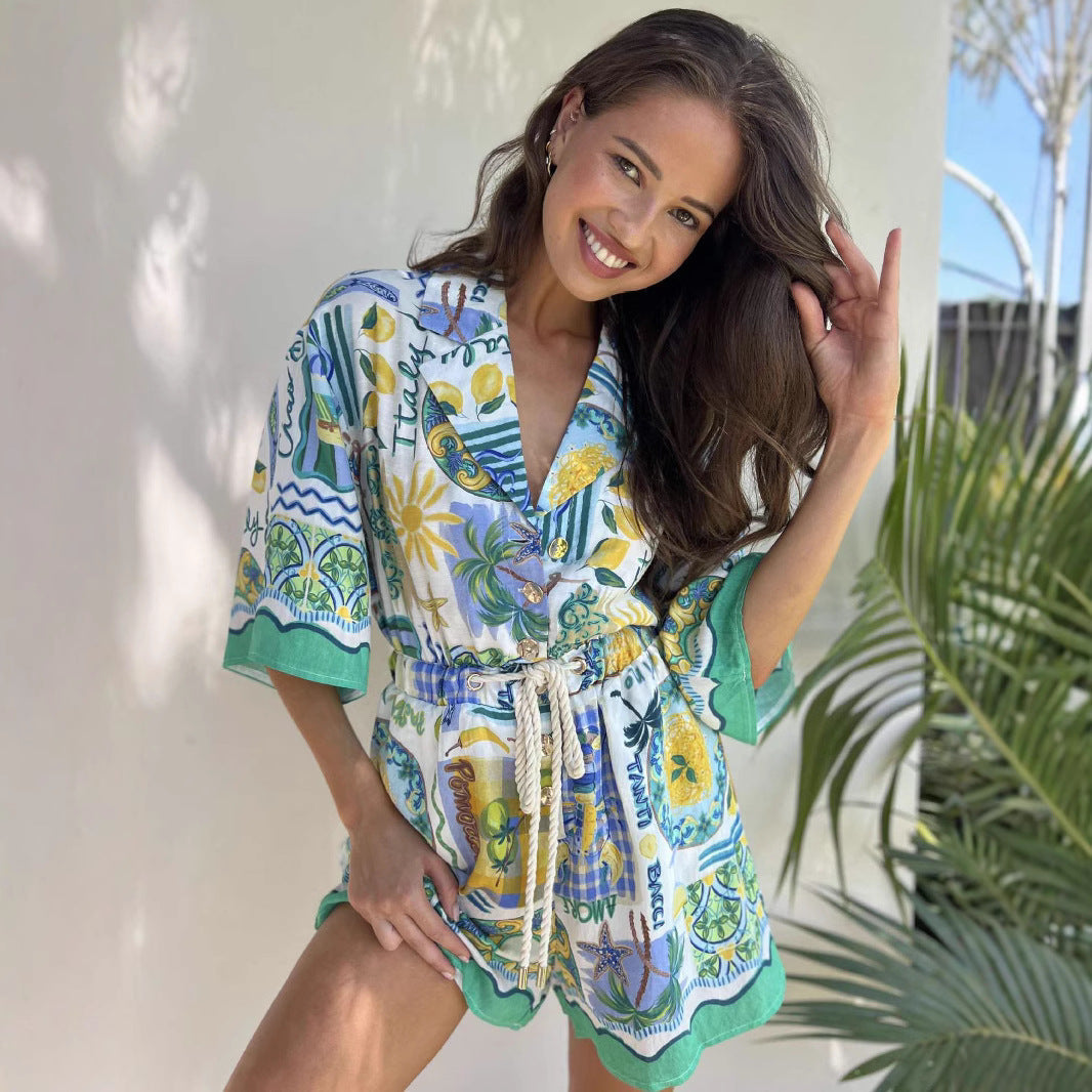 Women’s Romper – Relaxed Fit – Floral Print – Waist Tie – Lightweight Cotton Blend