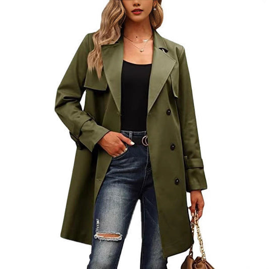 Women’s Long Coat – Wool Blend – Tailored Fit – Double-Breasted Formal Style