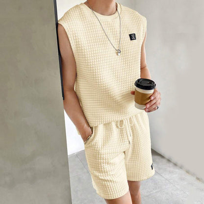 Men’s Lounge Set – Waffle Knit – Sleeveless Top and Shorts – Relaxed Fit Comfort Wear