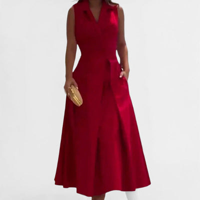 Women’s Midi Dress – Tailored Fit – V-Neck Button Front – Flared Skirt – Sleeveless