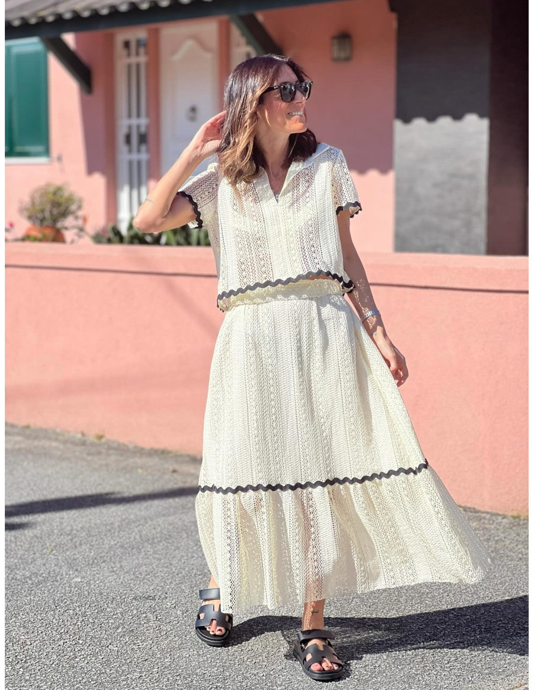 Women’s Skirt Set – Cotton Blend – Lace Trim – Relaxed Fit – Short Sleeve Top – Full-Length A-Line Skirt