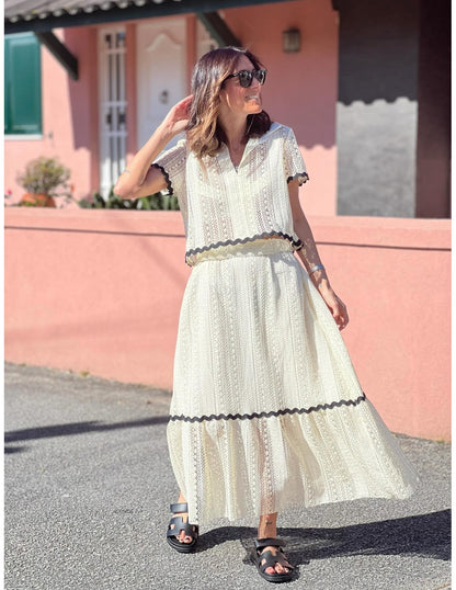 Women’s Skirt Set – Cotton Blend – Lace Trim – Relaxed Fit – Short Sleeve Top – Full-Length A-Line Skirt