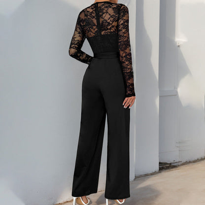 Women’s Jumpsuit – Lace Bodice – Long Sleeve – Wide Leg – Waist Tie – Formal Fit