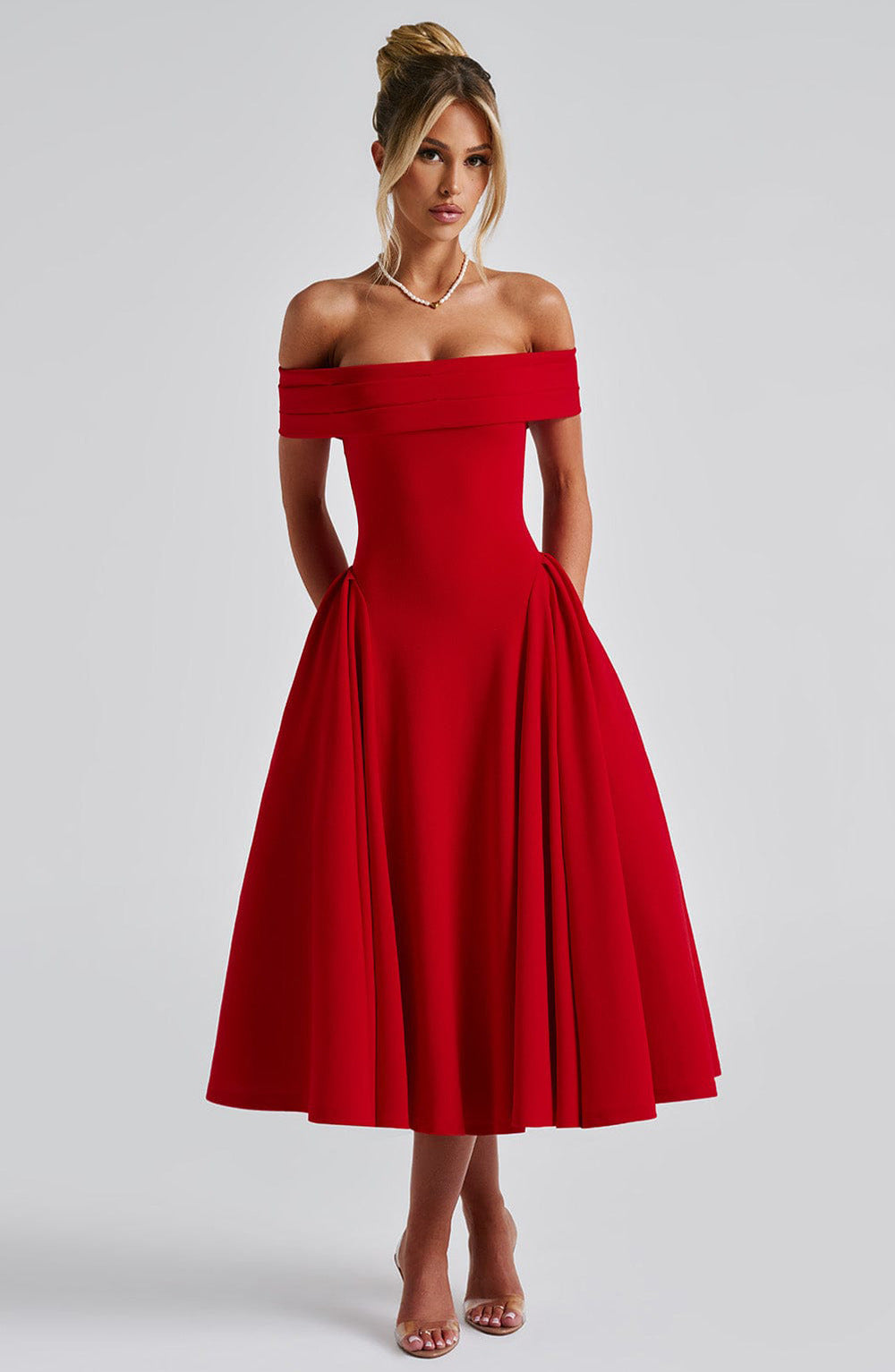 Women’s Midi Dress – Off Shoulder – A-Line Fit – Elegant Formal Evening Wear