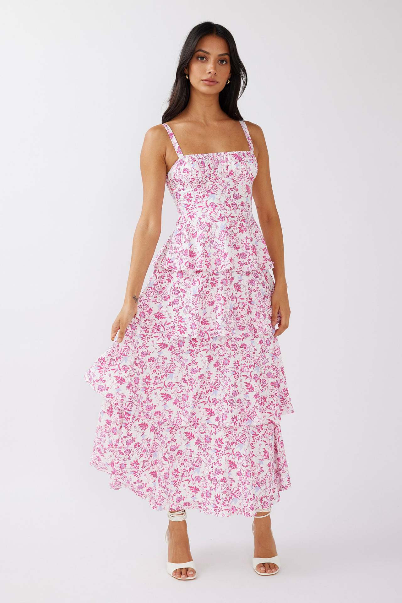 Women’s Midi Dress – Slim Fit Bodice – Ruffled Skirt – Sleeveless Floral Print