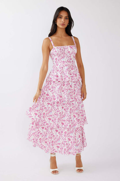 Women’s Midi Dress – Slim Fit Bodice – Ruffled Skirt – Sleeveless Floral Print