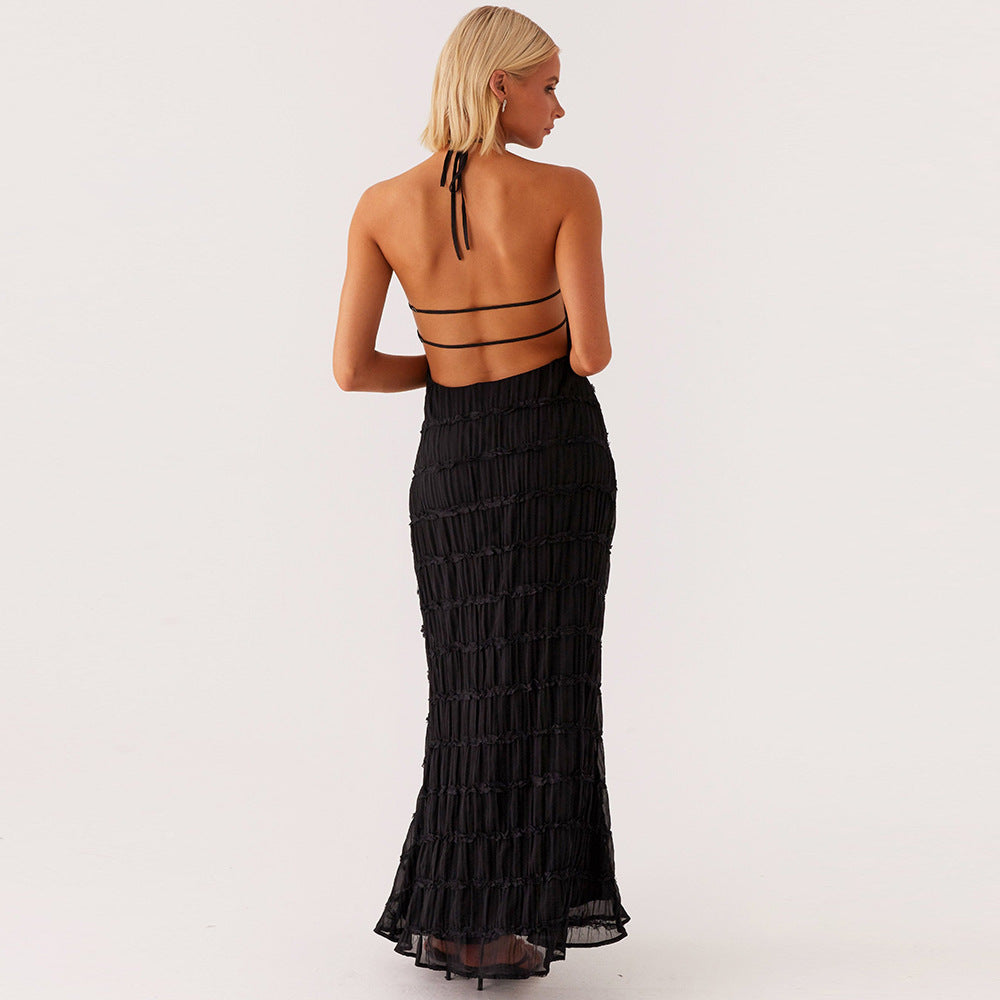 Women’s Maxi Dress – Halter Neck – Ruched Detail – Open Back – Formal Evening Wear