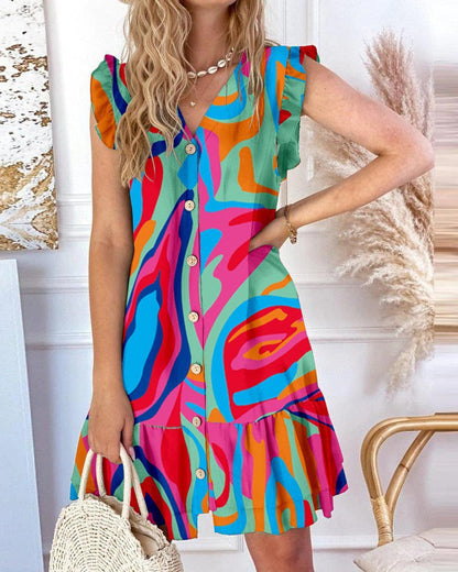 Women’s A-line Dress – Floral Print – Button-Up Front – Sleeveless Ruffle V-Neck
