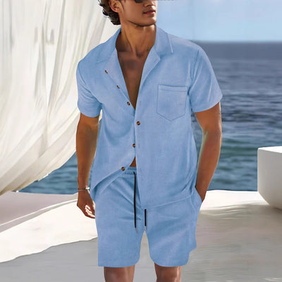 Men’s Shirt and Shorts Set – Relaxed Fit – Cuban Collar – Breathable Lightweight Fabric
