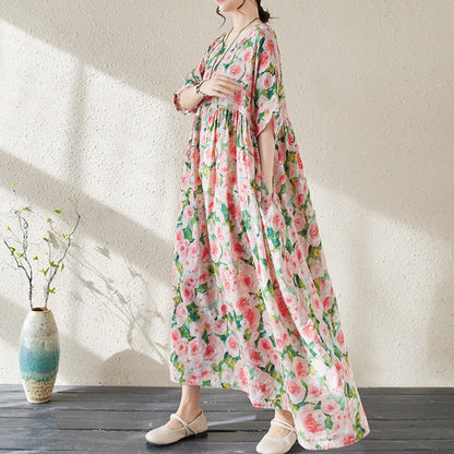 Women’s Maxi Dress – Floral Print – Loose Fit – Lightweight Cotton – 3/4 Sleeve