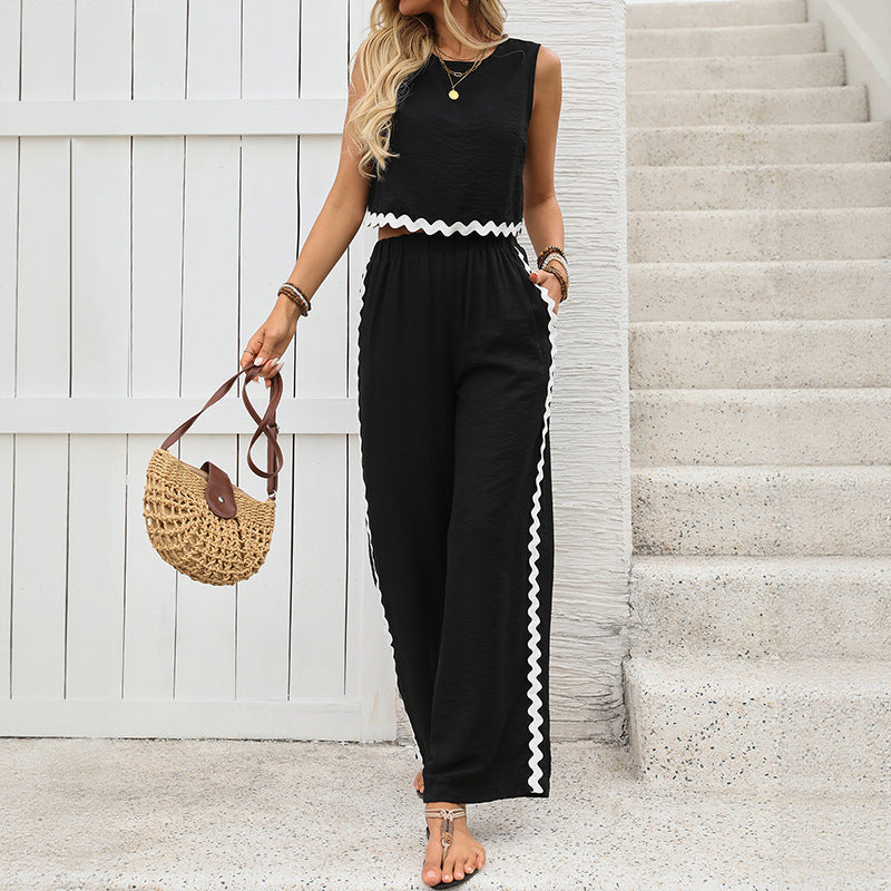 Women’s Two-Piece Set – Lightweight Cotton – Relaxed Fit – Contrast Trim – Sleeveless Top