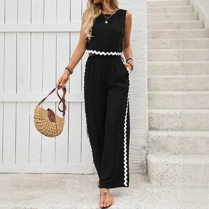 Women’s Two-Piece Set – Lightweight Cotton – Relaxed Fit – Contrast Trim – Sleeveless Top