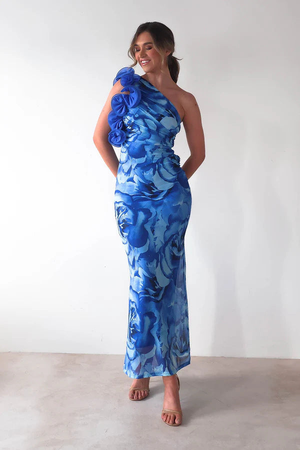 Women’s Midi Dress – Slim Fit – One Shoulder – 3D Floral Shoulder – Satin-Like Fabric