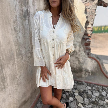 Women’s Short Dress – Cotton A-Line – Embroidered Eyelet Lace – V-Neck Boho Style