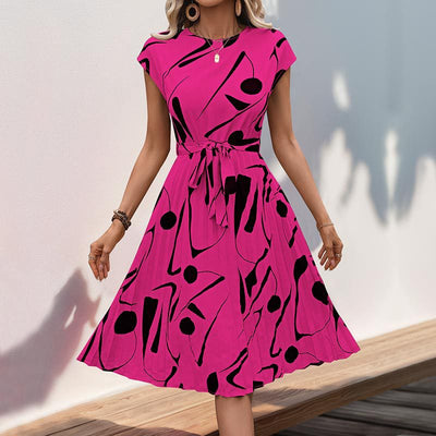 Women’s Midi Dress – Fit and Flare – Geometric Print – Pleated – Short Sleeve Belted