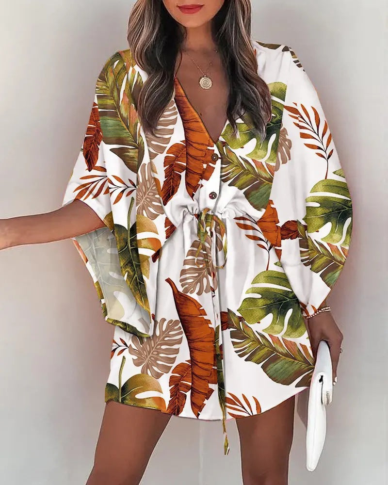 Women’s Mini Dress – V-Neck – Lace-Up Waist – Flutter Sleeve – Flowy Fit