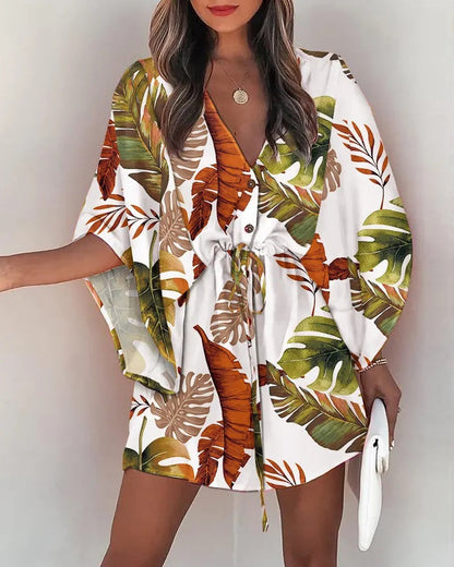 Women’s Mini Dress – V-Neck – Lace-Up Waist – Flutter Sleeve – Flowy Fit